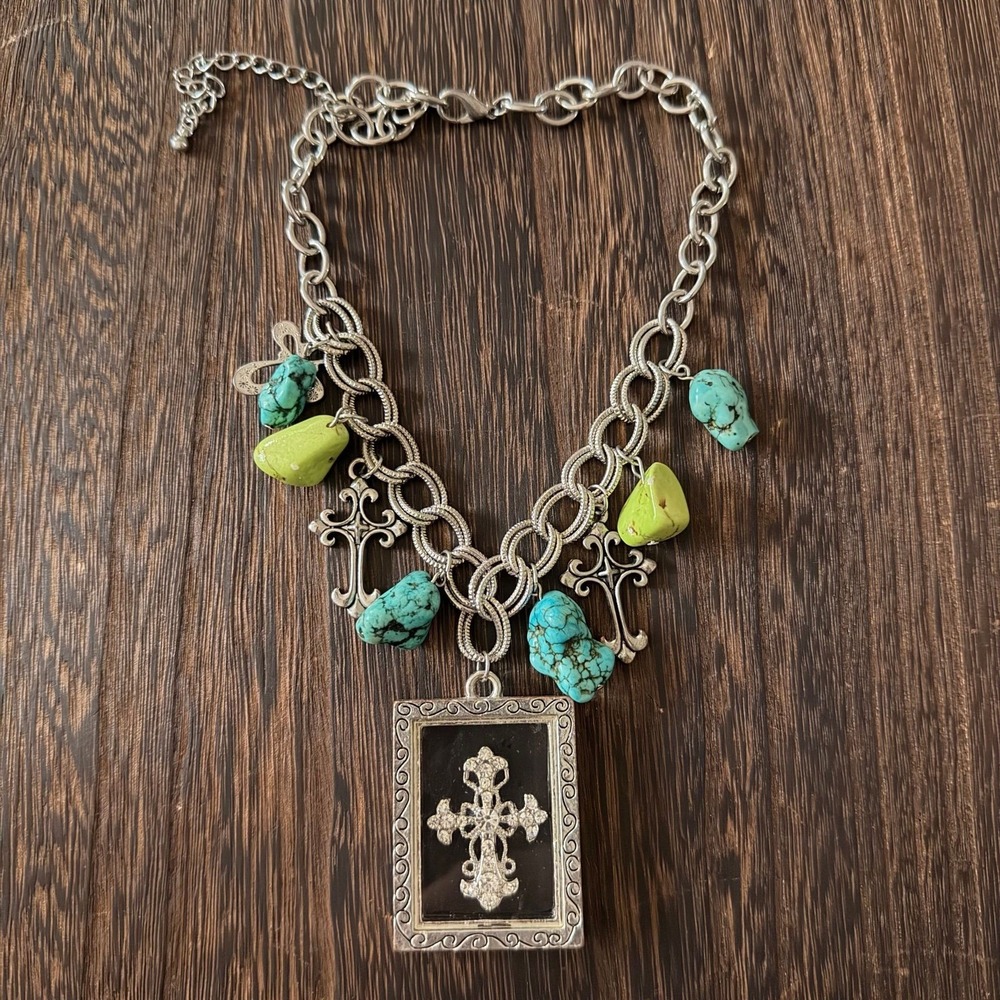 Unbranded Cross Charm Necklace Womens OS Silver Turquoise Western Boho Scripture